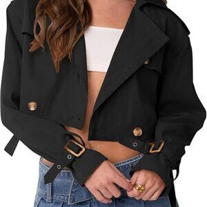 Imily Bela Women Cropped Jacket Casual Loose Fit Dble Breasted Short Trench Coat